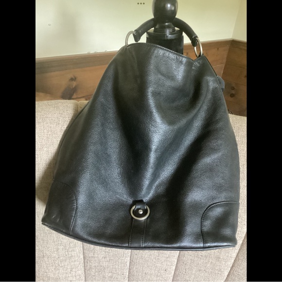 Kenneth Cole Black Leather Satchel Bucket Bag Interesting Hardware - Picture 2 of 12